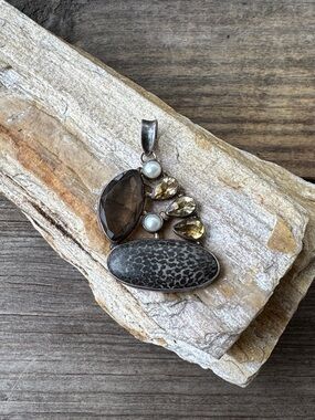 Sterling Silver Pendant with Citrine Smokey Quartz Fossilized Coral and Pearl